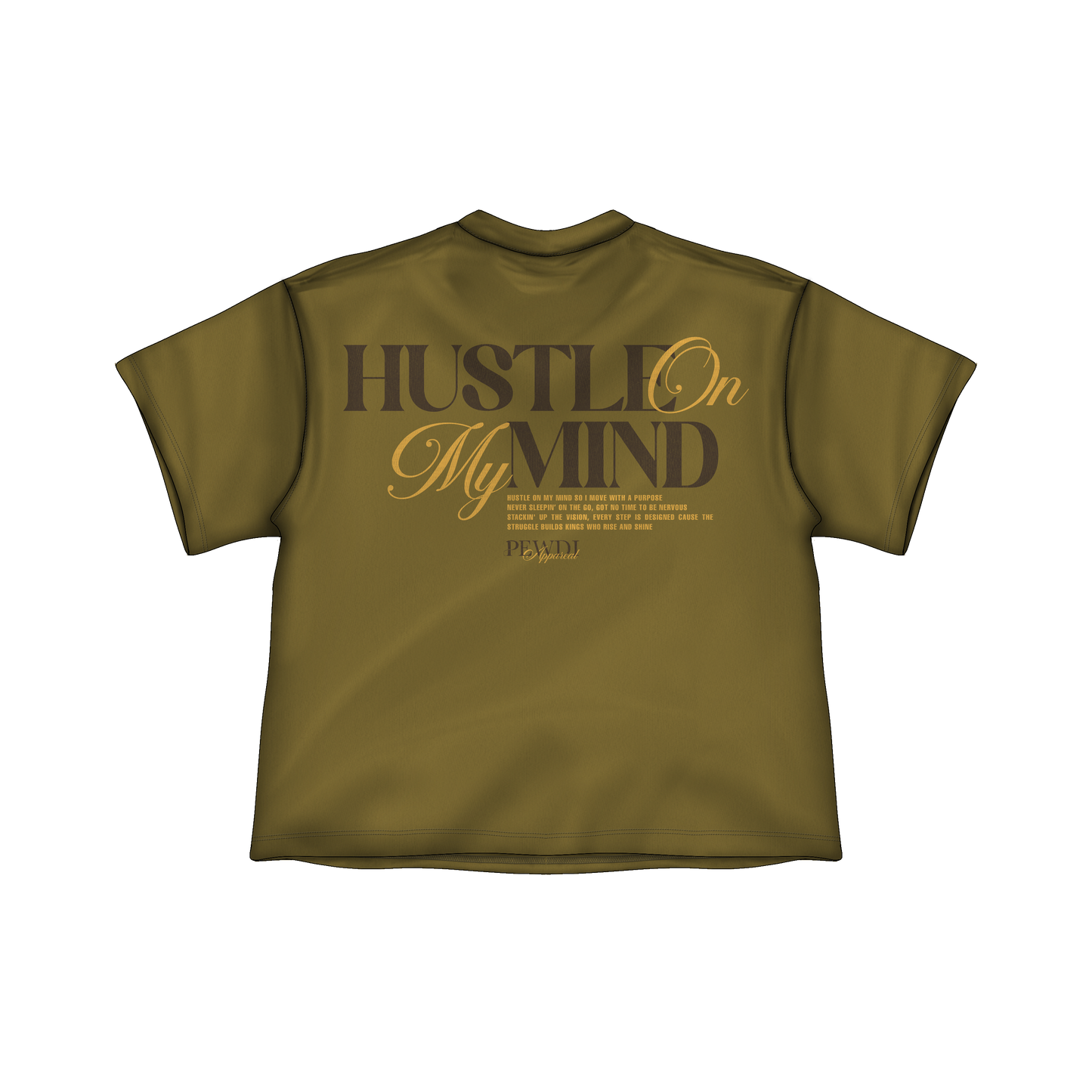 Green t-shirt with 'Hustle On My Mind' text on a white background