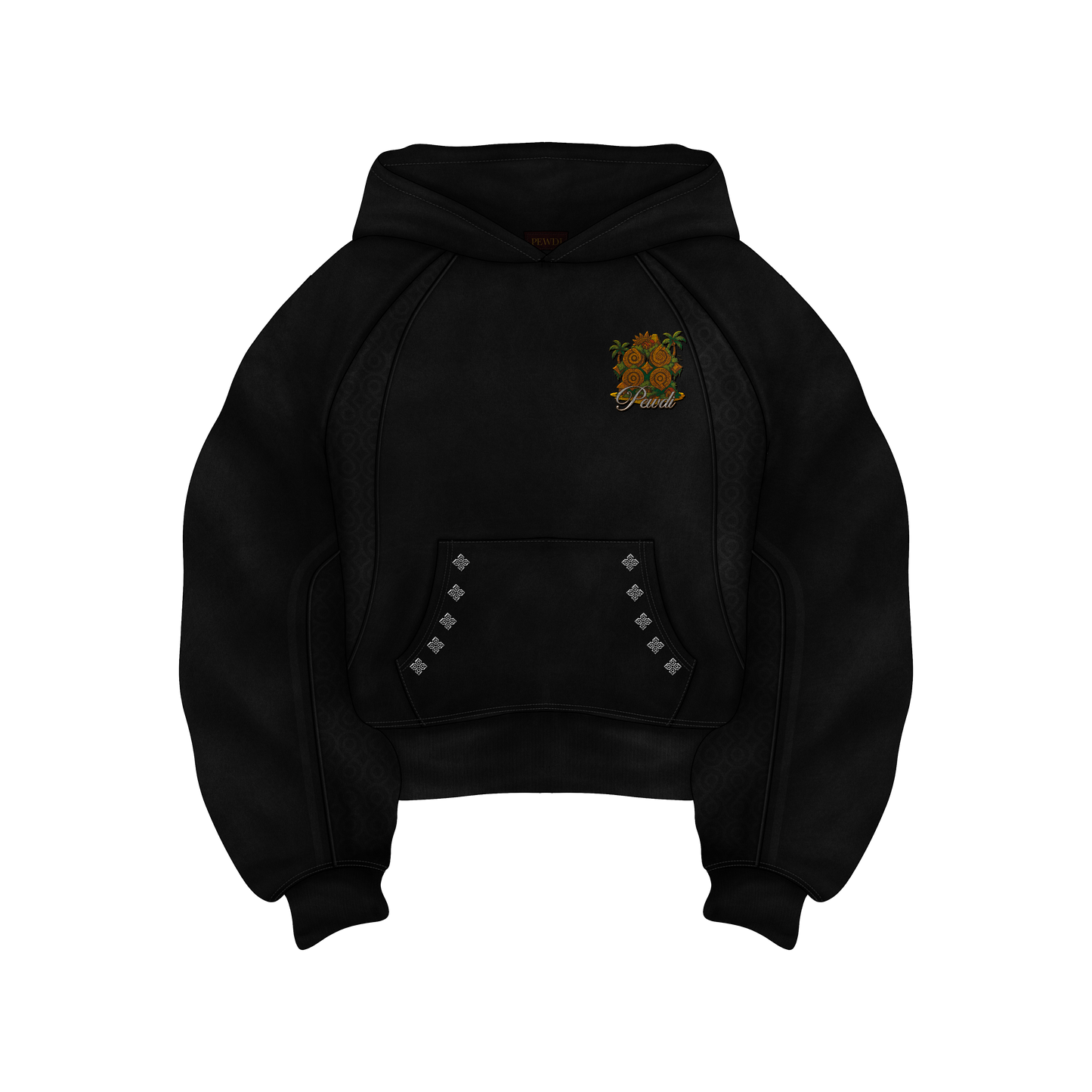 Black hoodie with a logo on the chest against a white background