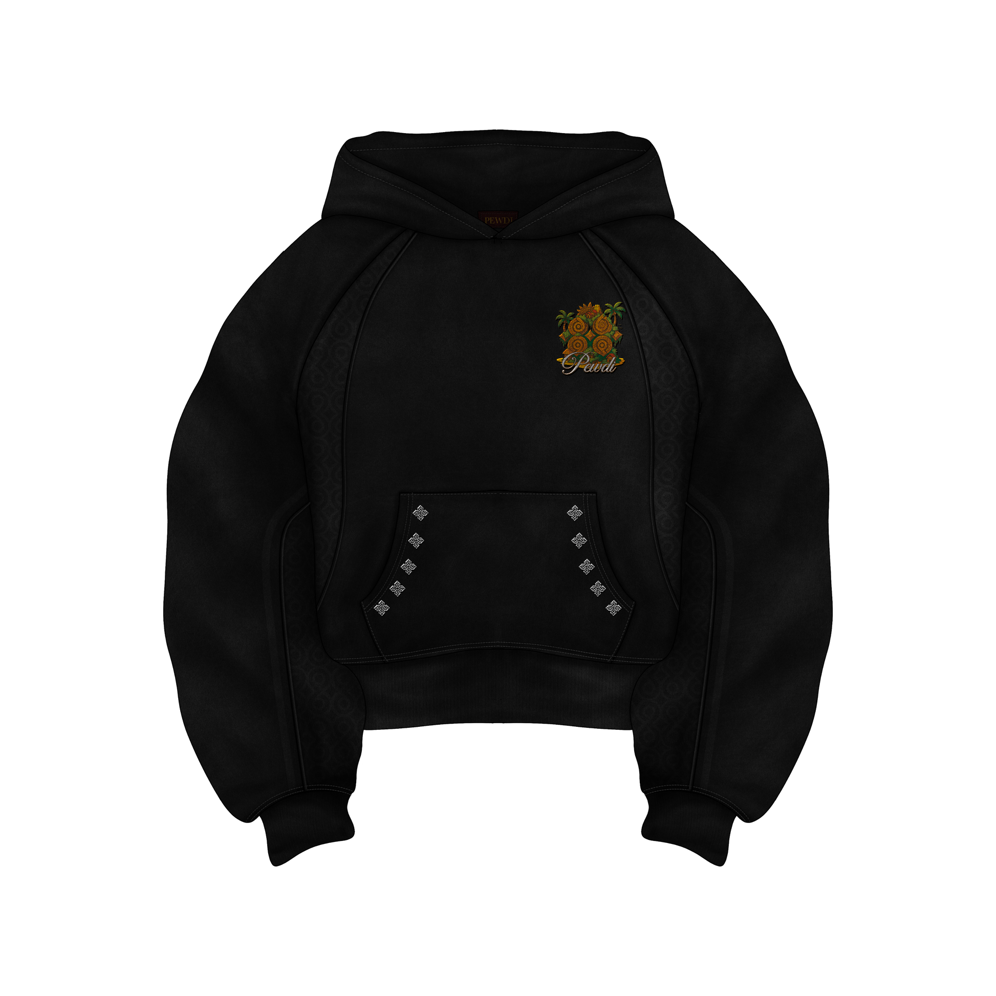 Black hoodie with a logo on the chest against a white background