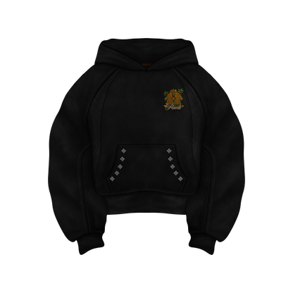 Black hoodie with a logo on the chest against a white background