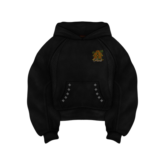 Black hoodie with a logo on the chest against a white background