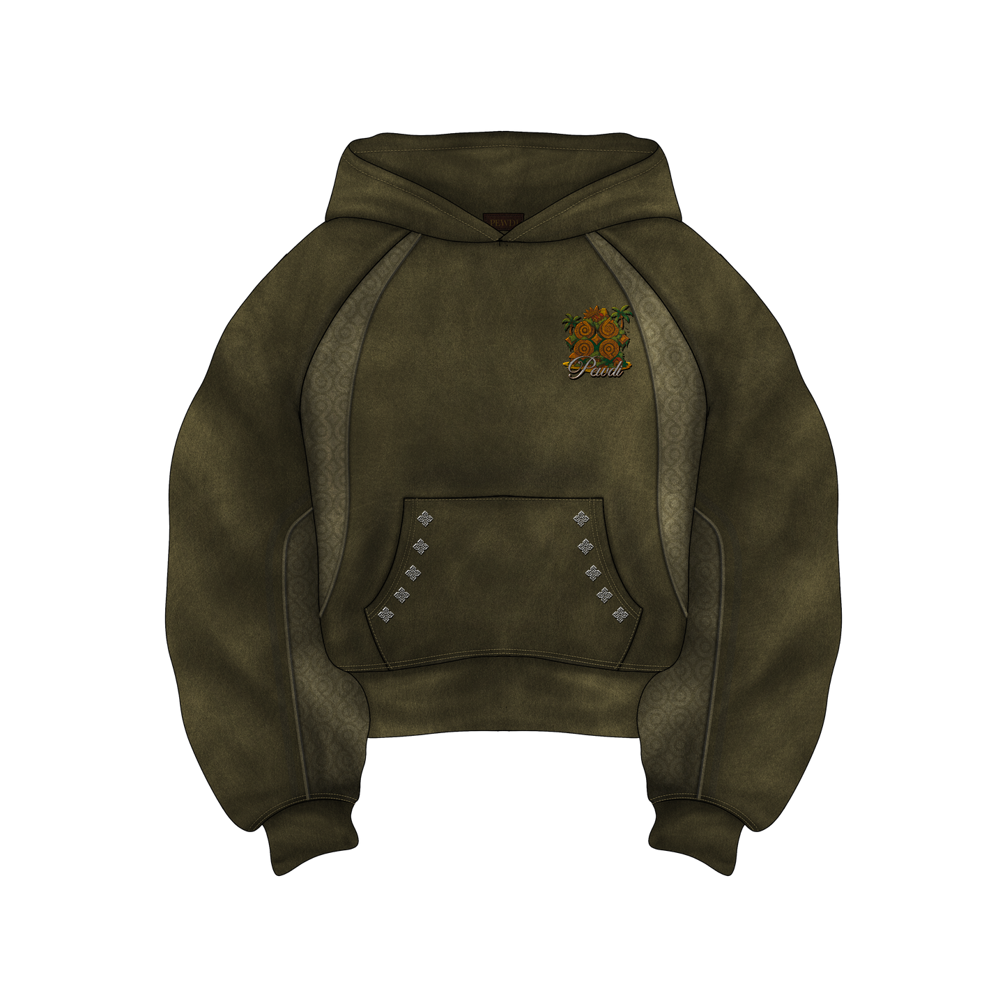 Green hoodie with a logo on a white background