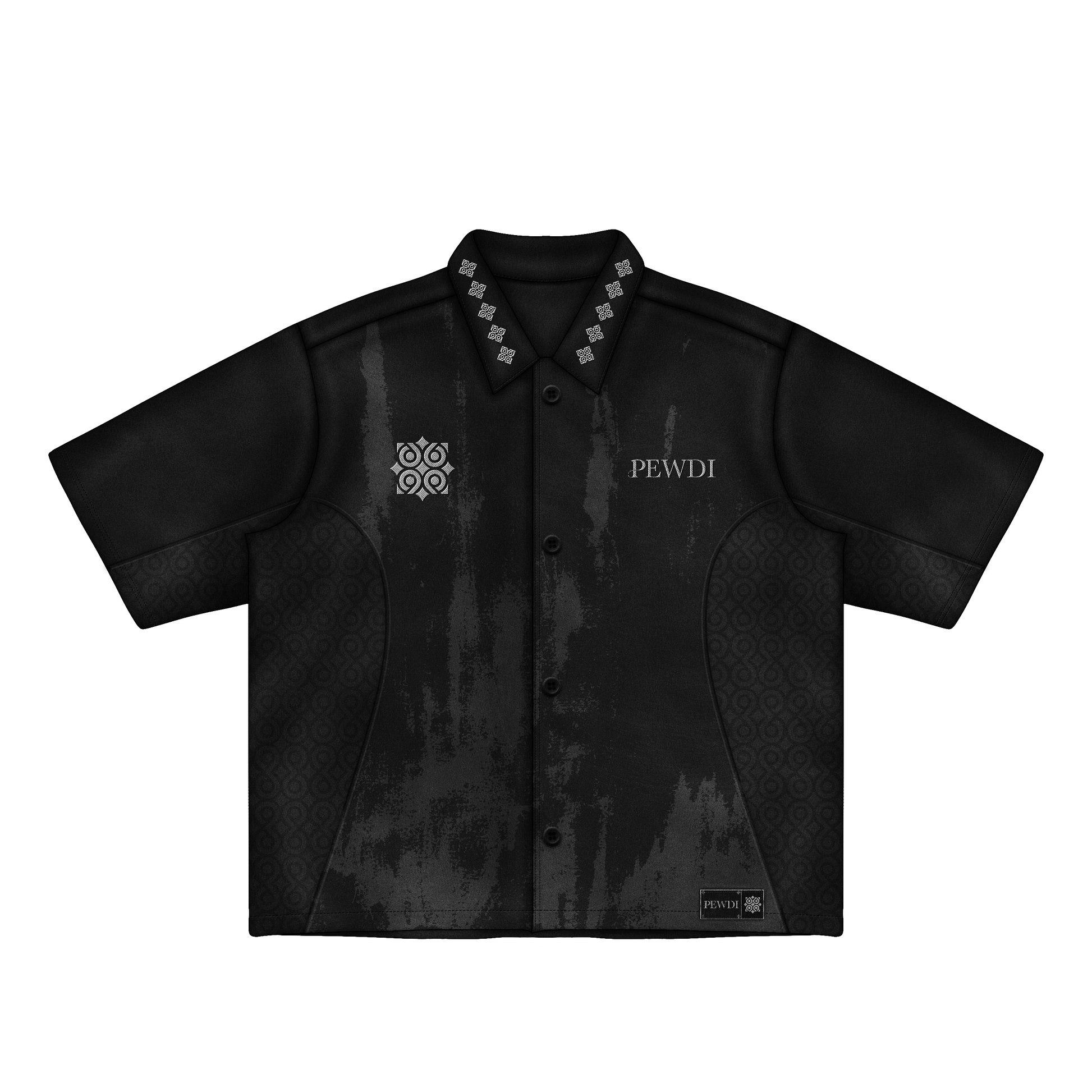 Black short-sleeve shirt with brand logo on a white background