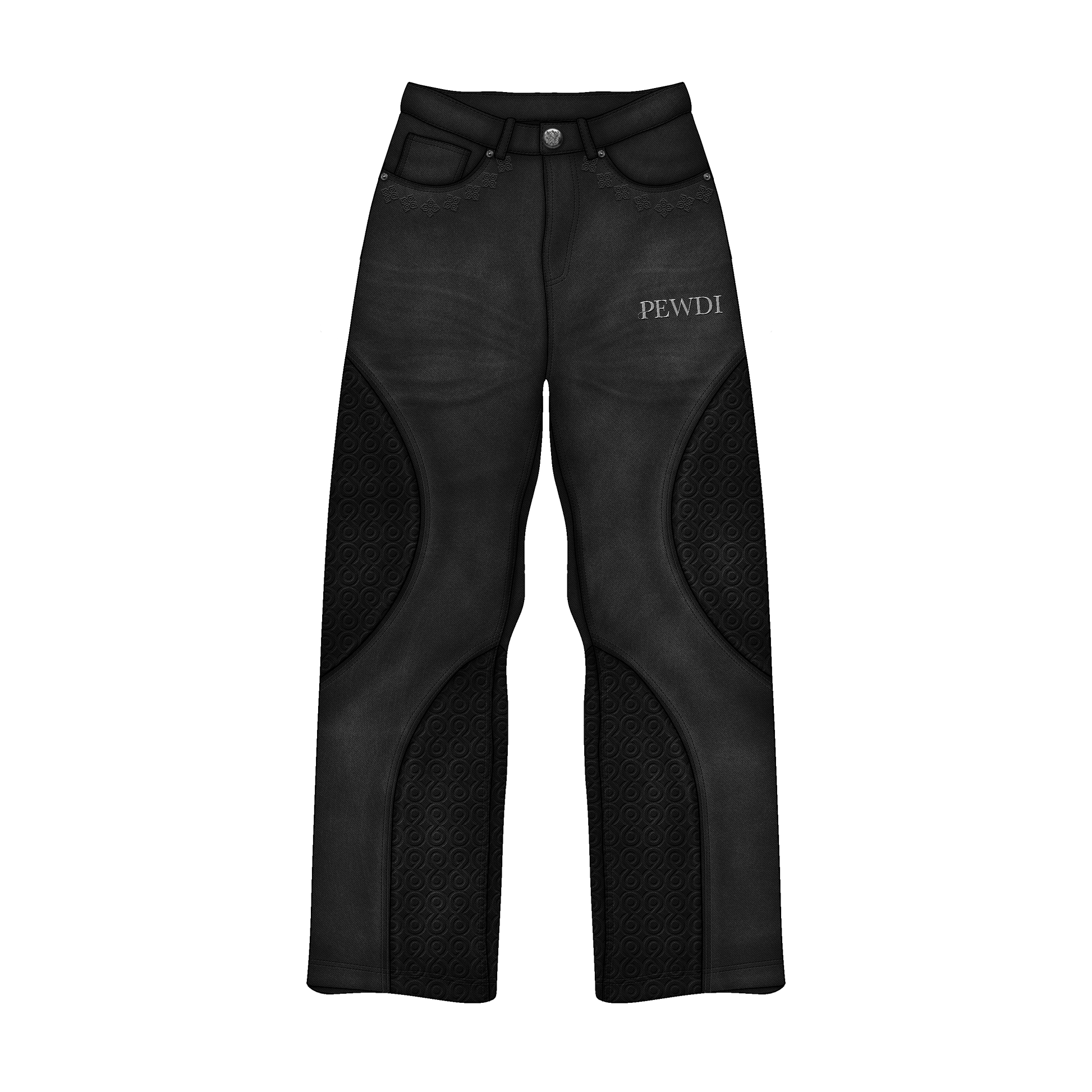 Black equestrian pants with 'PEWDI' branding on a white background