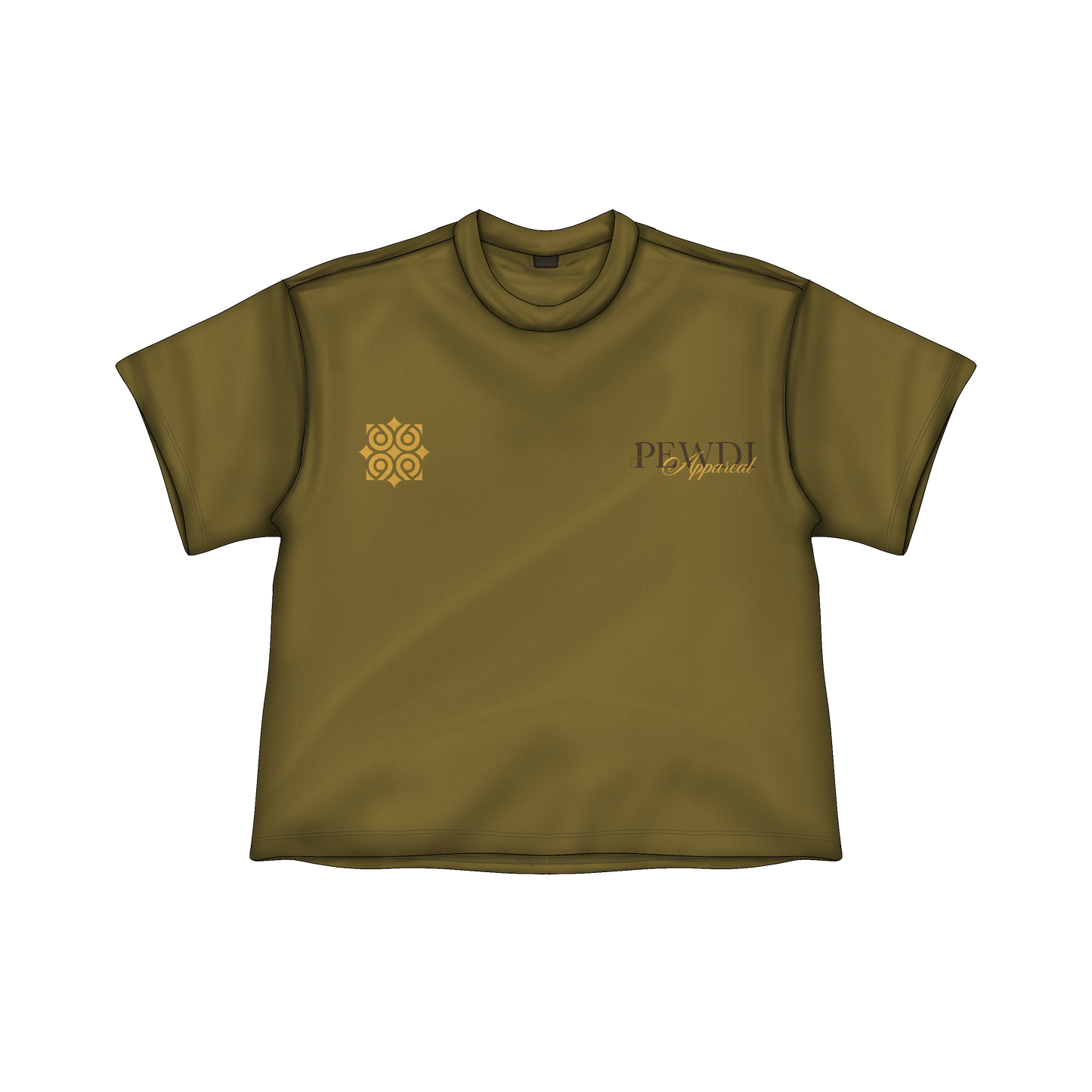Green t-shirt with gold logo and text on a white background