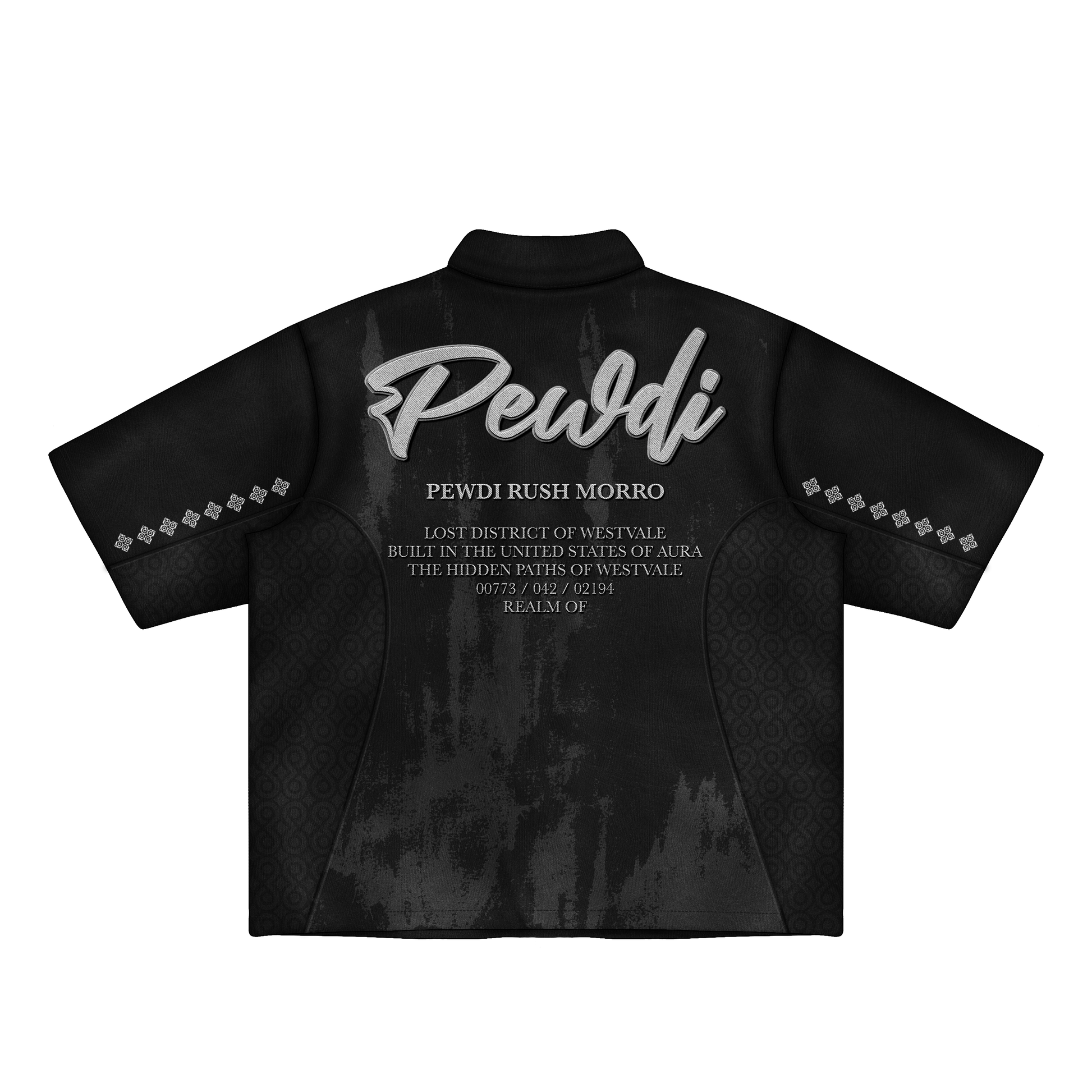 Black shirt with white text on a white background